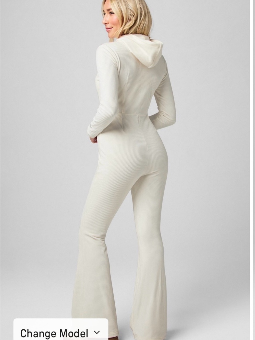 Fabletics Cream Ribbed Zip-Front Long-Sleeve Jumpsuit - Picture 2 of 5